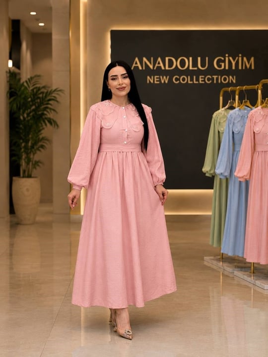 Bebe Yaka Balon Kol Elbise 265 T-26 pembe