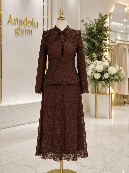 Bebe Yaka Güpür Etekli Takım 9067 T-26 Kahverengi