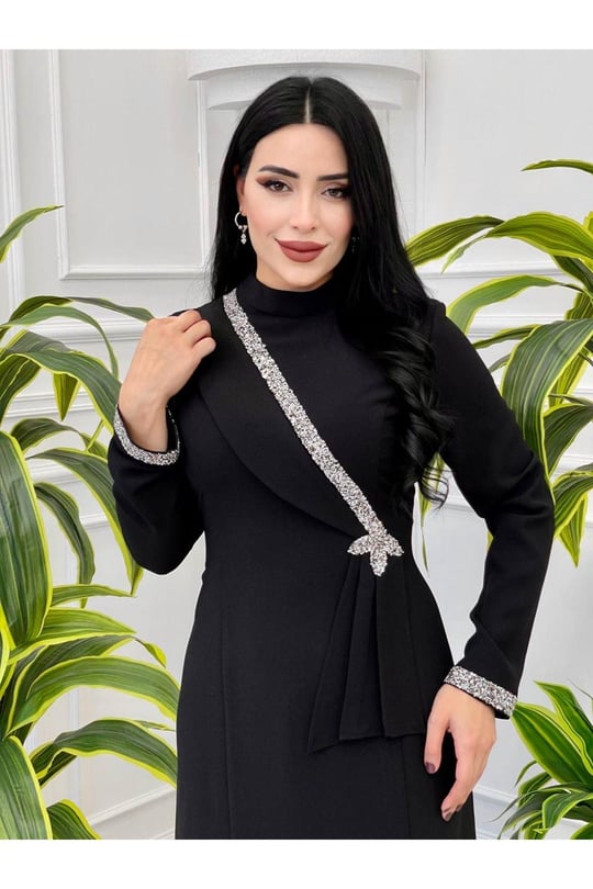 Bel 3 Pile Taşlı Elbise 2086-Siyah