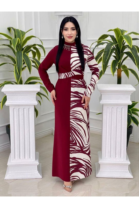 Bel Bağcık Desen Geçiş Elbise 2302-Bordo