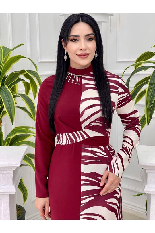 Bel Bağcık Desen Geçiş Elbise 2302-Bordo
