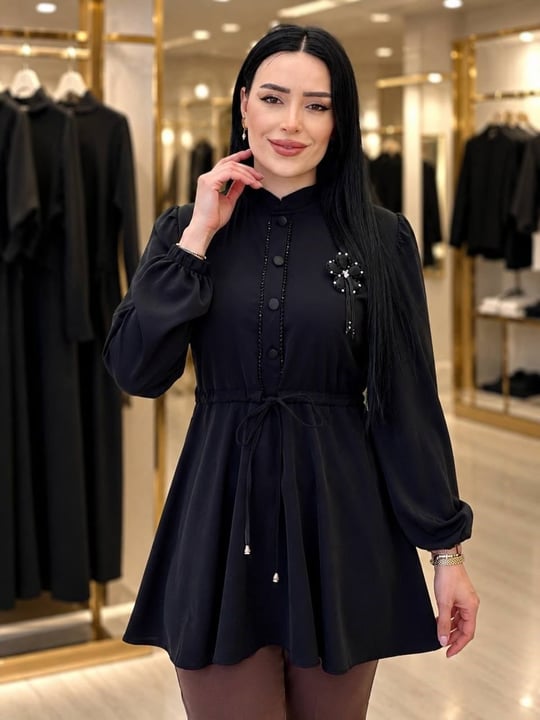 Bel Bağcık Düğmeli Tunik 010 T-26 Siyah