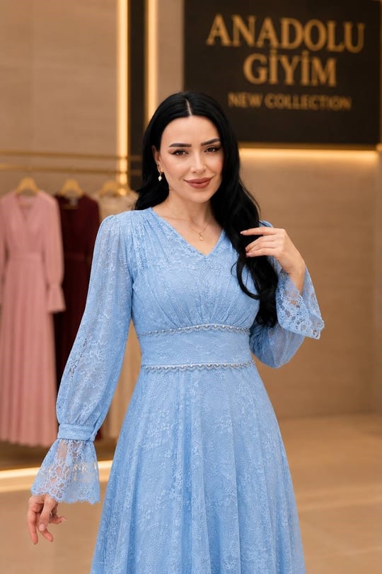 Bel Boncuk İşleme Güpür Elbise 9054 T-26 Mavi