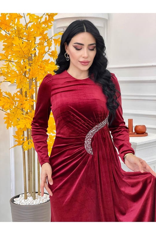 Bel Detay Kadife Elbise 4402-Bordo