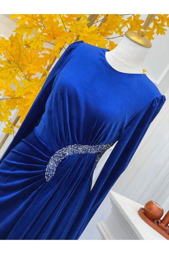 Bel Detay Kadife Elbise 4402-Saks
