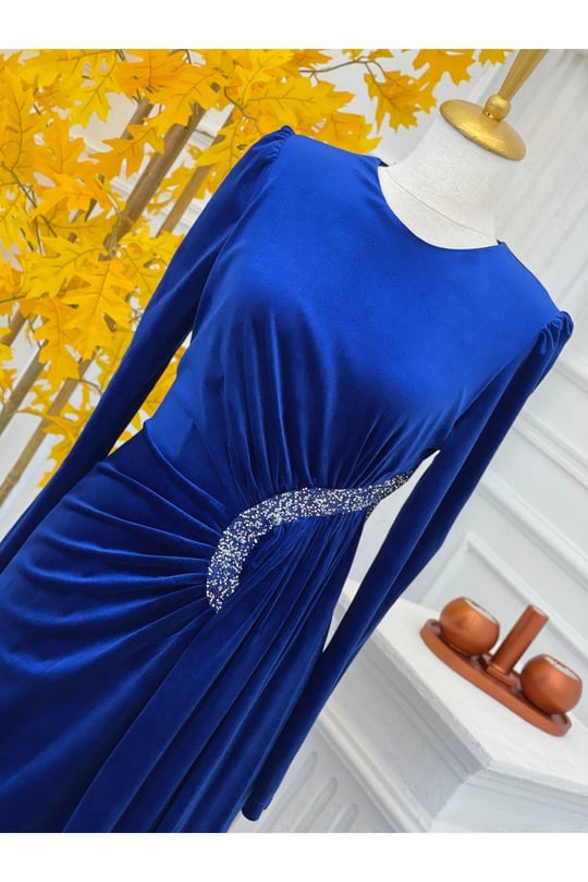Bel Detay Kadife Elbise 4402-Saks