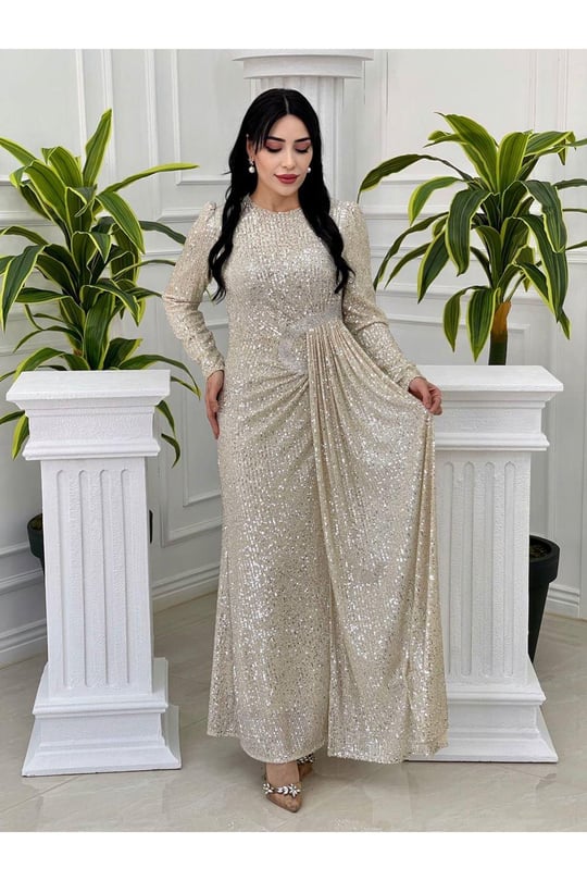 Bel Detay Payet Elbise 3925-Bej