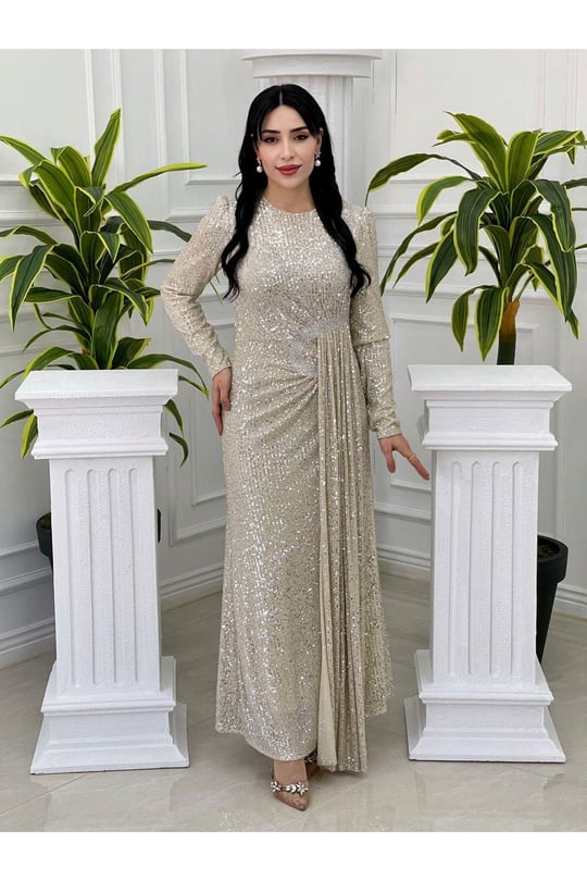 Bel Detay Payet Elbise 3925-Bej