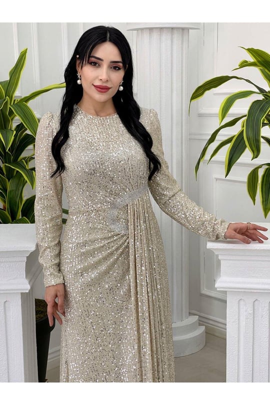 Bel Detay Payet Elbise 3925-Bej