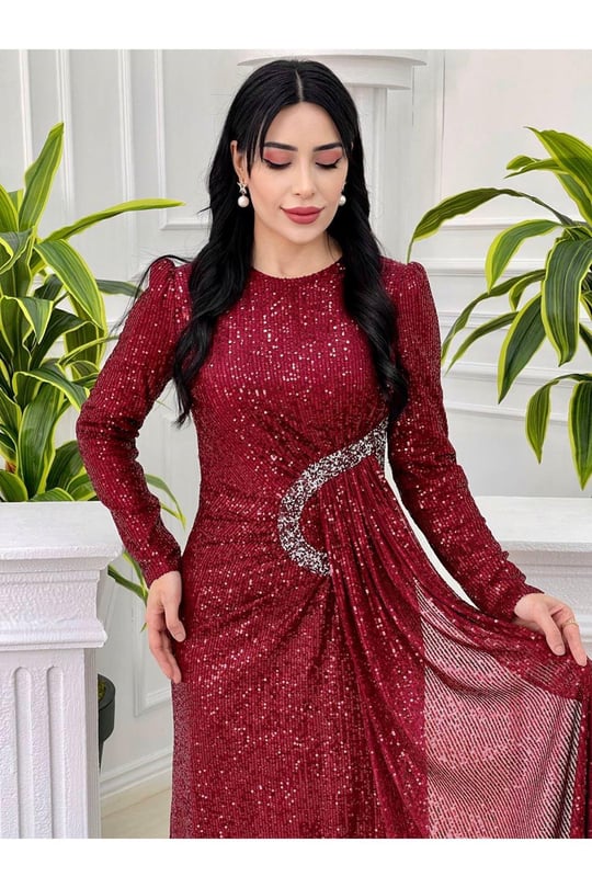 Bel Detay Payet Elbise 3925-Bordo