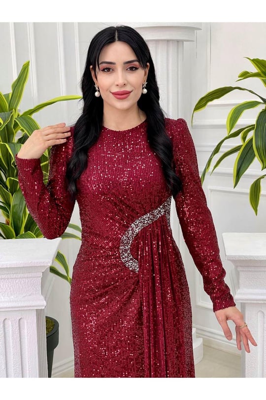 Bel Detay Payet Elbise 3925-Bordo