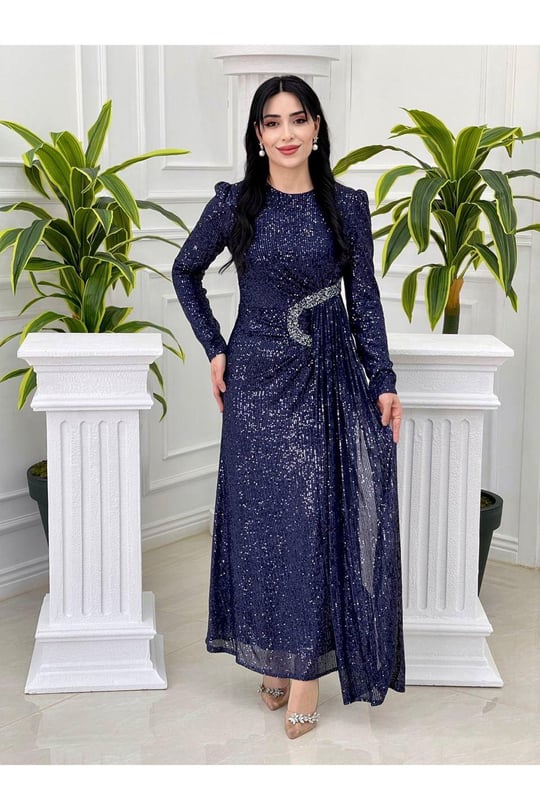 Bel Detay Payet Elbise 3925-Lacivert
