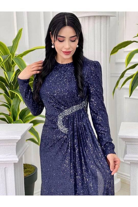 Bel Detay Payet Elbise 3925-Lacivert