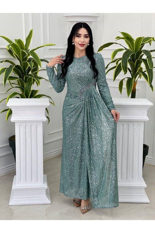 Bel Detay Payet Elbise 3925-Mint yeşili