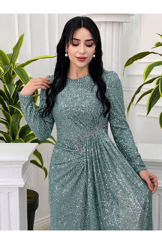 Bel Detay Payet Elbise 3925-Mint yeşili
