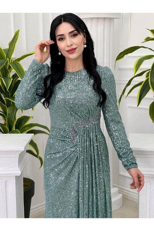 Bel Detay Payet Elbise 3925-Mint yeşili