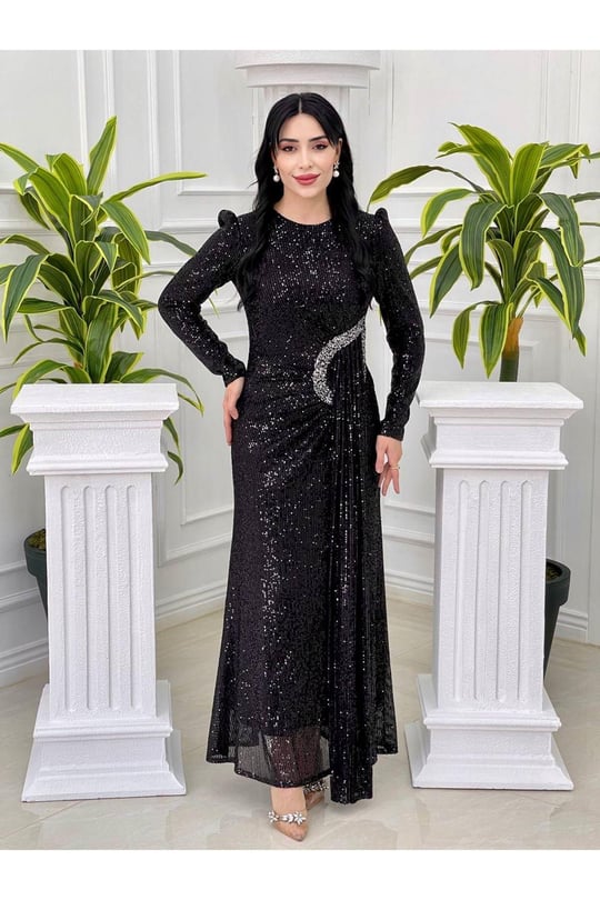 Bel Detay Payet Elbise 3925-Siyah