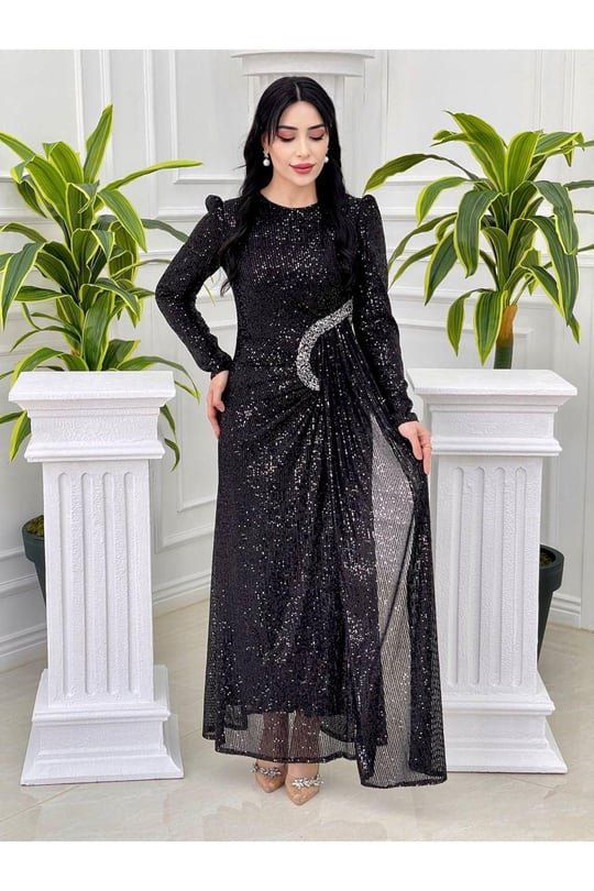 Bel Detay Payet Elbise 3925-Siyah