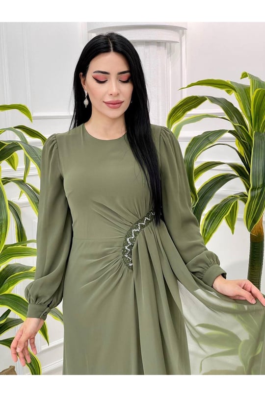 Bel Detay Şifon Elbise 4032-Haki