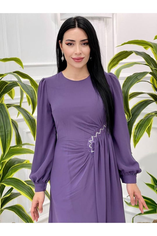 Bel Detay Şifon Elbise 4032-Leylak
