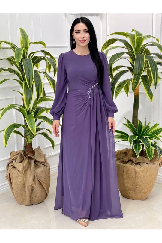 Bel Detay Şifon Elbise 4032-Leylak