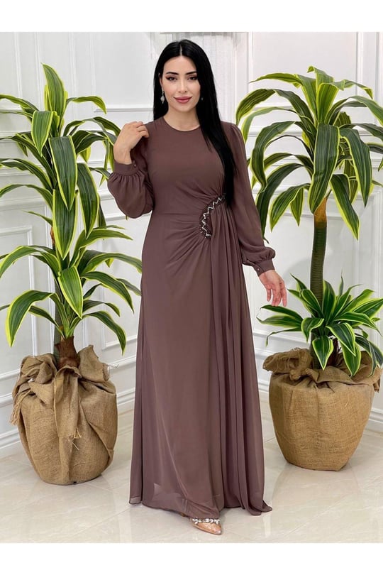 Bel Detay Şifon Elbise 4032-Vizon