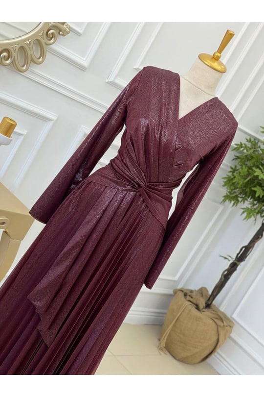 Bel Detay Simli Elbise 3322-Bordo