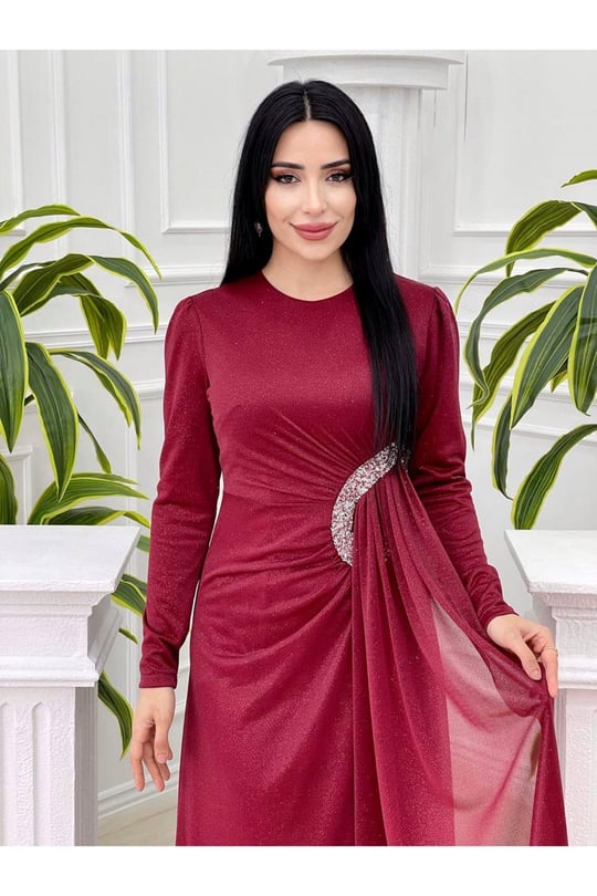 Bel Detay Simli Elbise 3869-Bordo