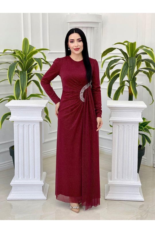 Bel Detay Simli Elbise 3869-Bordo Puantiye