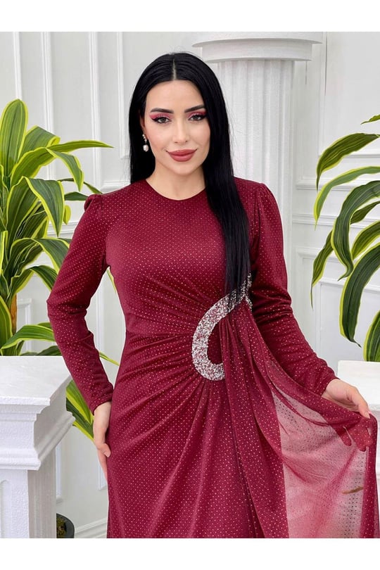 Bel Detay Simli Elbise 3869-Bordo Puantiye