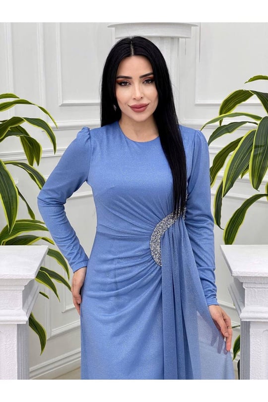 Bel Detay Simli Elbise 3869-Mavi