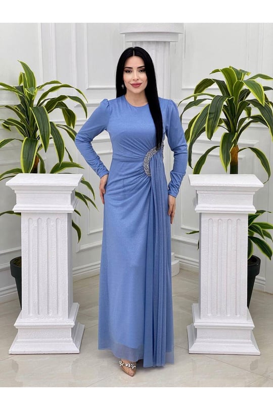 Bel Detay Simli Elbise 3869-Mavi