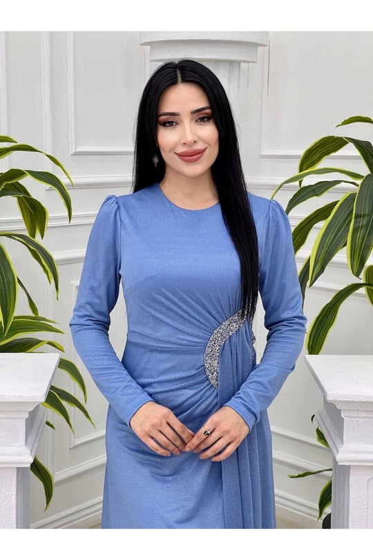Bel Detay Simli Elbise 3869-Mavi