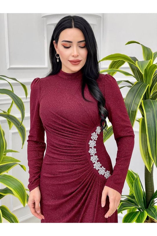 Bel Detaylı Simli  Elbise 4349-Bordo
