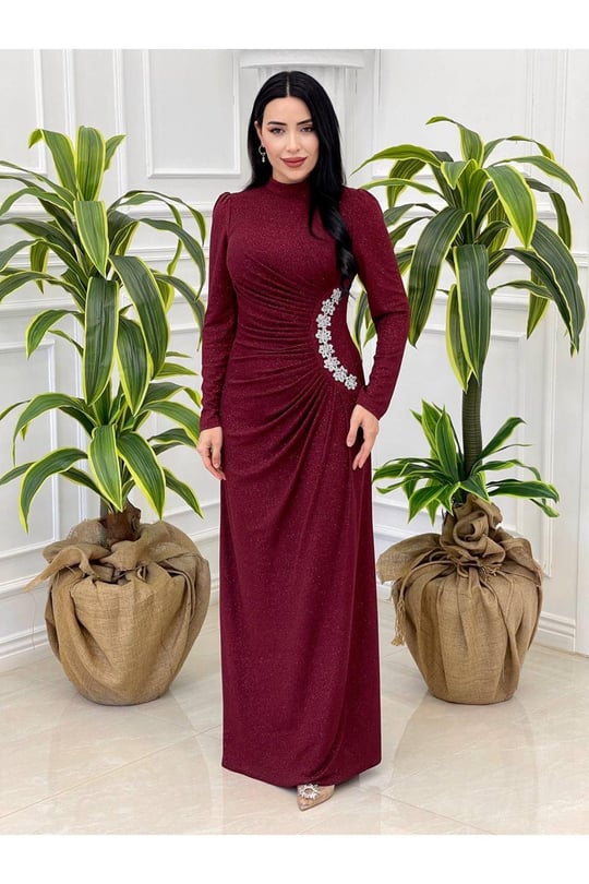 Bel Detaylı Simli  Elbise 4349-Bordo