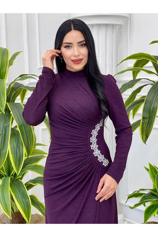 Bel Detaylı Simli  Elbise 4349-Mor