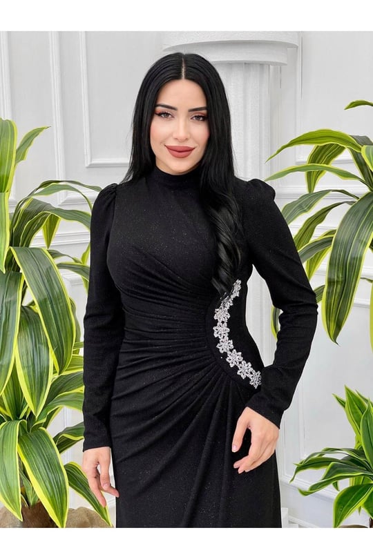 Bel Detaylı Simli  Elbise 4349-Siyah