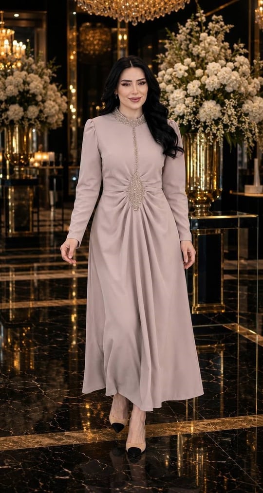 Bel Drape Boncuk İşleme Elbise 7213 T-26 Bej