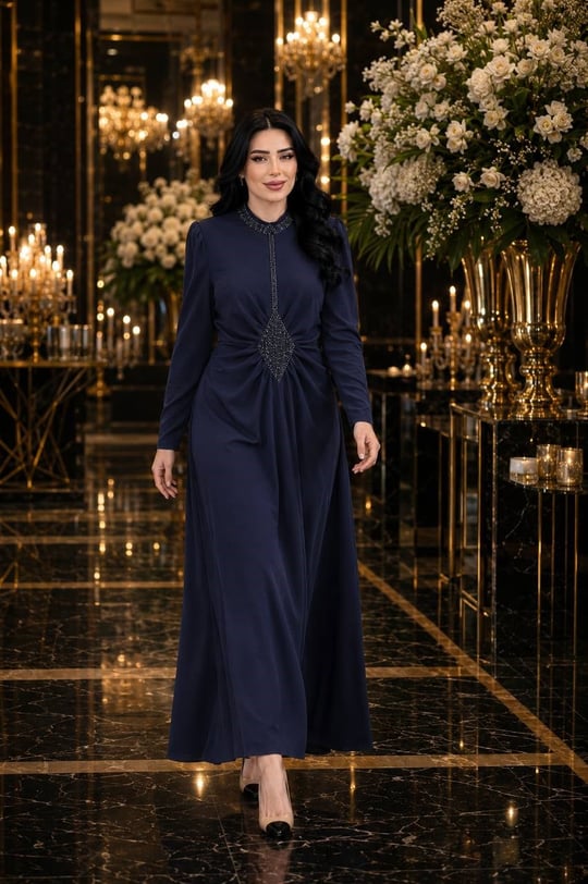 Bel Drape Boncuk İşleme Elbise 7213 T-26 Lacivert