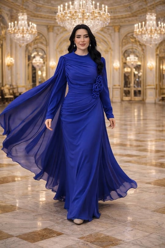Bel Drape Büyük Beden Şifon Elbise 153 T-26 Lacivert