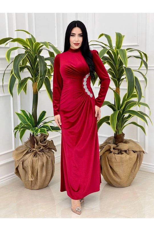 Bel Drape Kadife Elbise 4260-Bordo