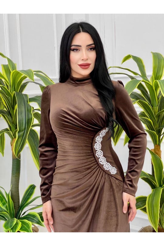 Bel Drape Kadife Elbise 4260-Kahverengi
