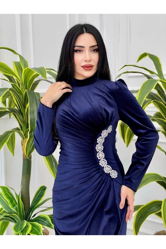 Bel Drape Kadife Elbise 4260-Lacivert