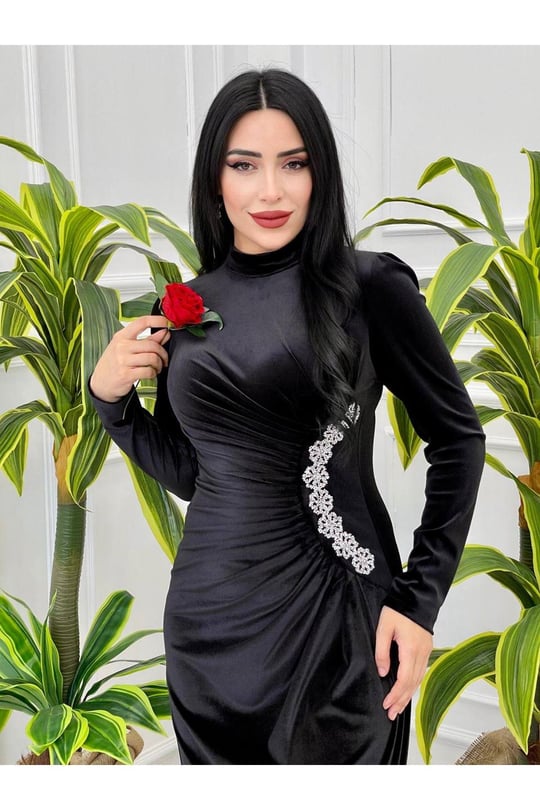 Bel Drape Kadife Elbise 4260-Siyah