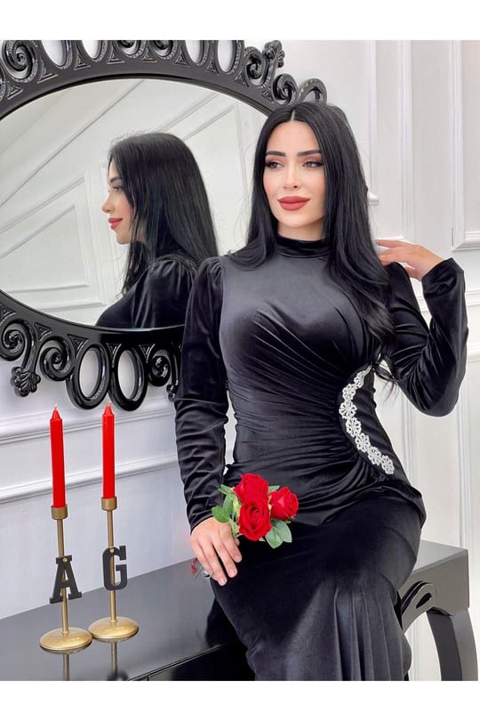Bel Drape Kadife Elbise 4260-Siyah