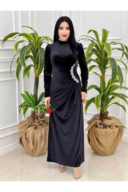 Bel Drape Kadife Elbise 4260-Siyah