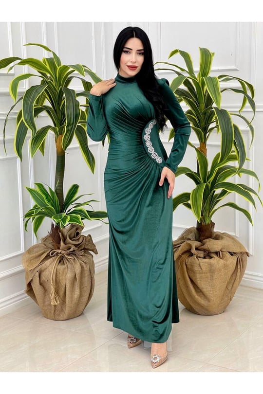 Bel Drape Kadife Elbise 4260-Zümrüt Yeşil