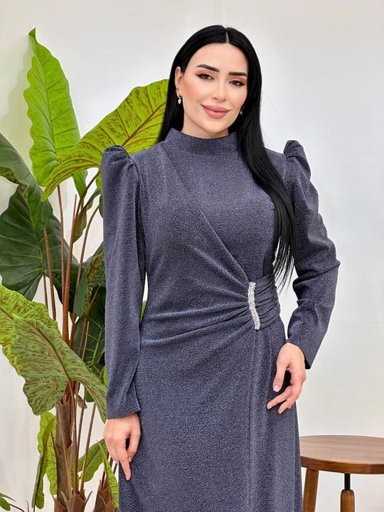 Bel Drape Simli Abiye 0065 Gri