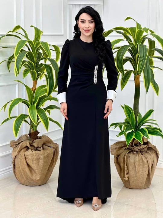 Bel Drape Taşlı Manşetli Elbise 5102 t-24 Siyah
