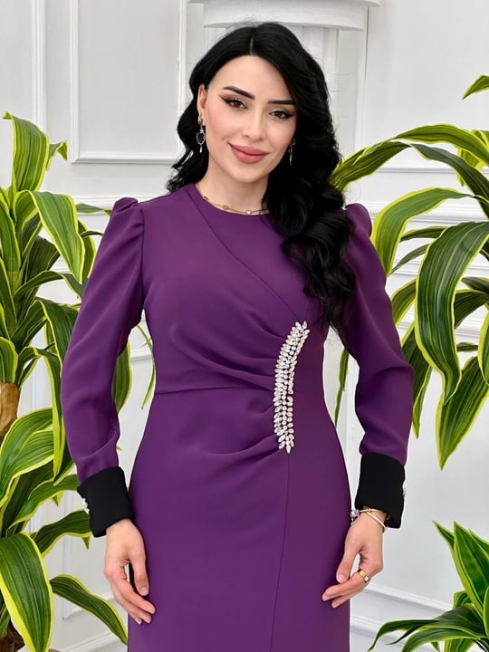 Bel Drape Taşlı Manşetli Elbise 5102 t-24 Mor